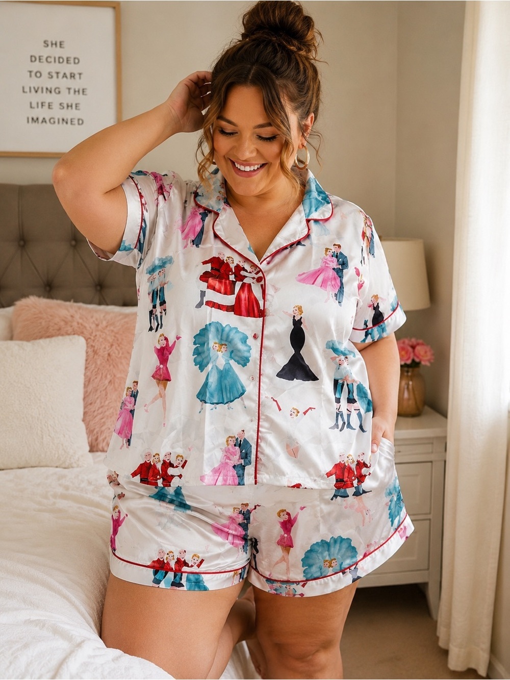 NWT Sheshow XXL White Christmas Movie Satin Pajama Set Retro Holiday PJs